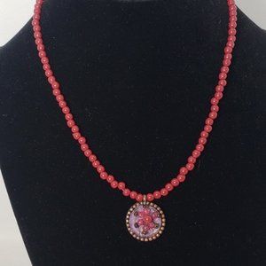 Red Beaded Necklace with Flower Pendant 15 inch + 2 inch extension